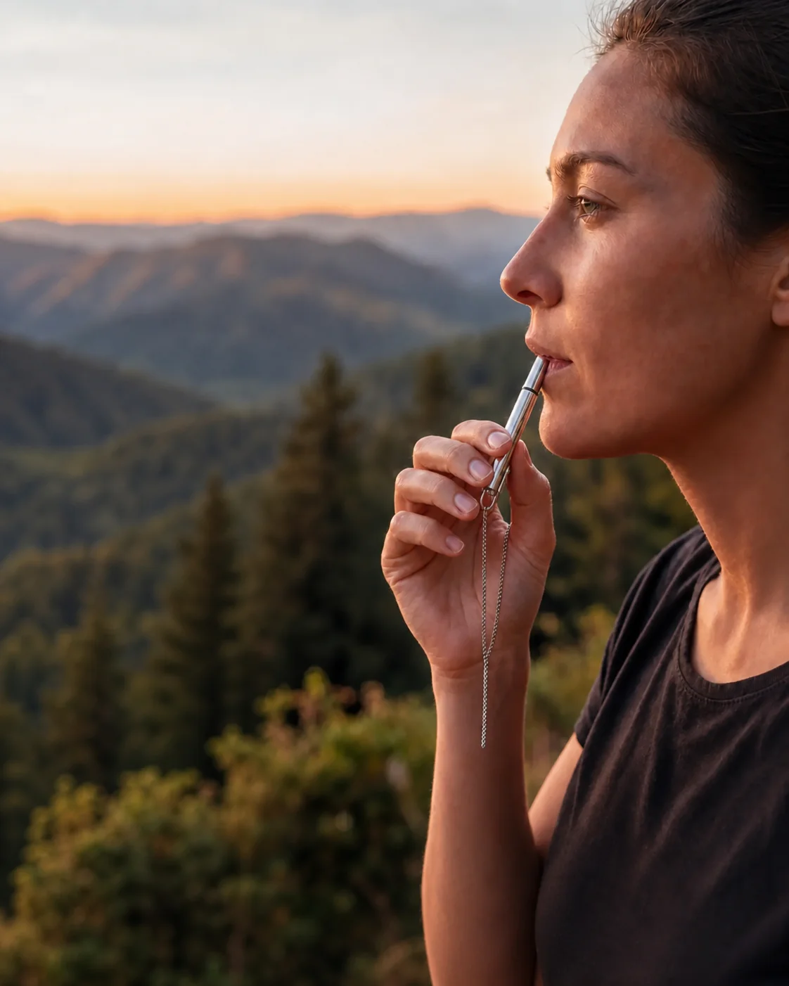 Woman using herbal air device